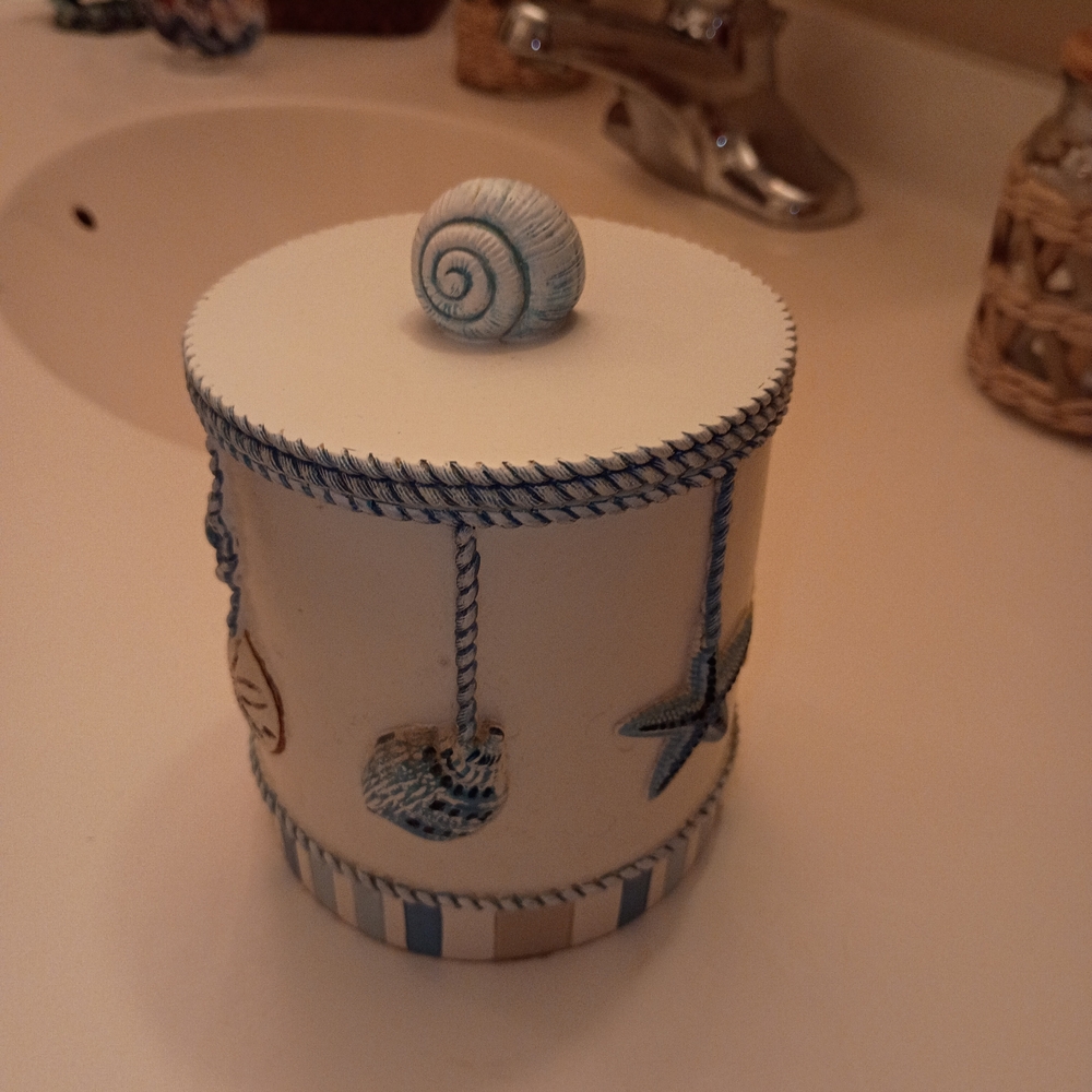 Coastal Nautical Trinket Jar with Shell Knob - White & Light Blue